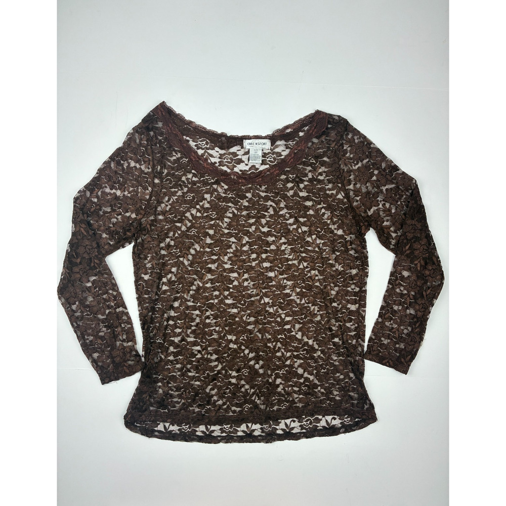 Vintage Care N Sport Stretch Sheer Floral Lace Coquette Long Sleeve Top 2X Brown